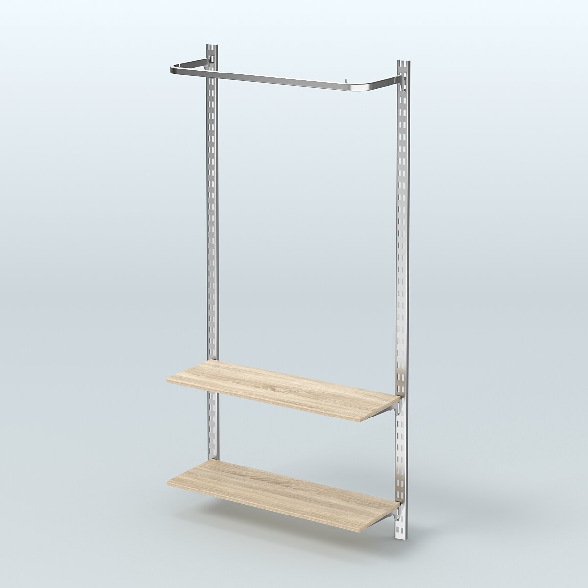 Настенная система для торговли одеждой METAL с поручнем и полками из ДСП без задней стенки шириной 1000 мм №8 Дуб сонома