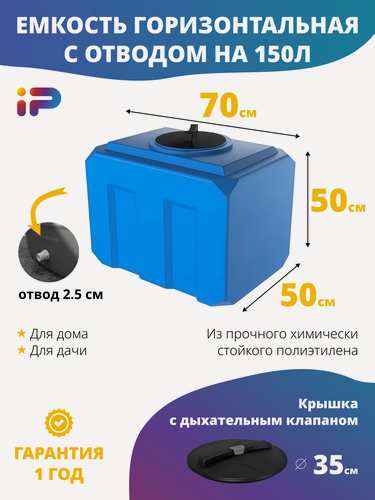 Изображение товара Ёмкость К 150 л. голубая с отводом 1", крышка 350мм