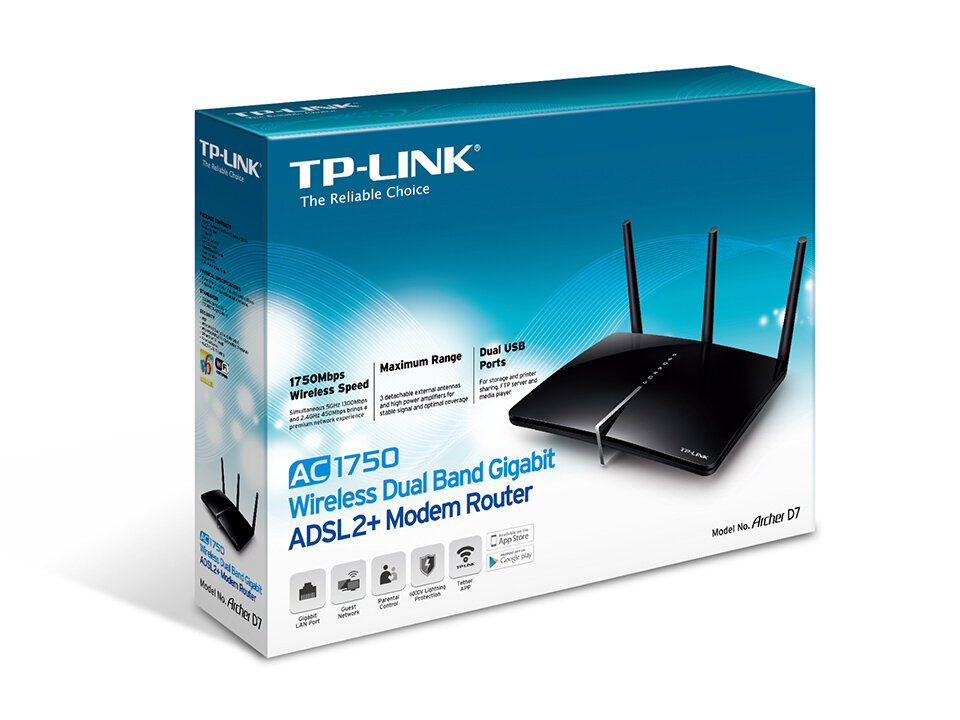 Модем-роутер TP-Link Archer D7, ADSL2+, Wi-Fi AC1750, 3 антенны, VPN Server — фото 1