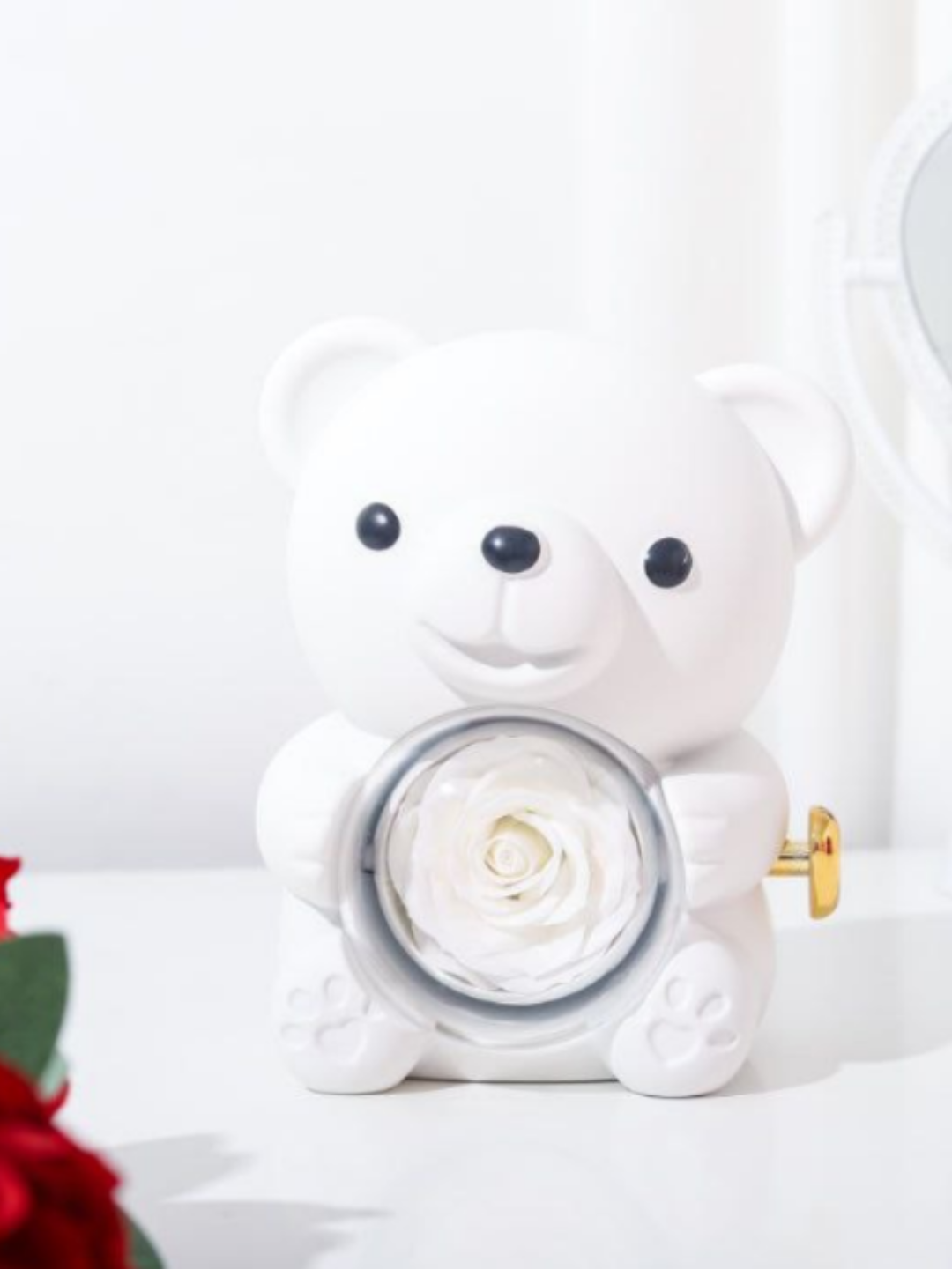 Шкатулка Mgoods "Teddy", для украшений, вращающаяся, роза в колбе, красная