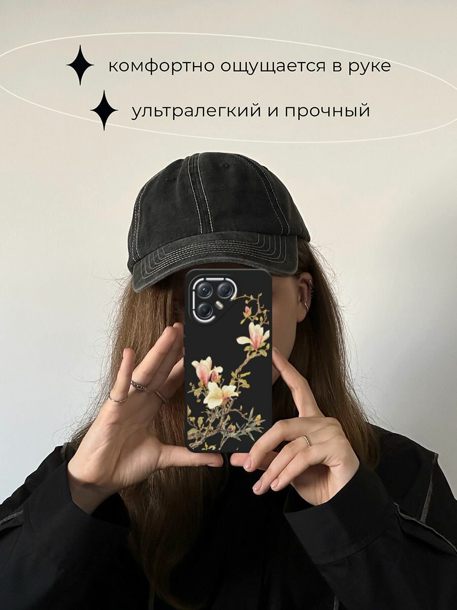 Черный матовый чехол на Tecno Pova 7 Ultra / Текно Пова 7 Ультра с принтом "Ветка с цветами" — фото 1