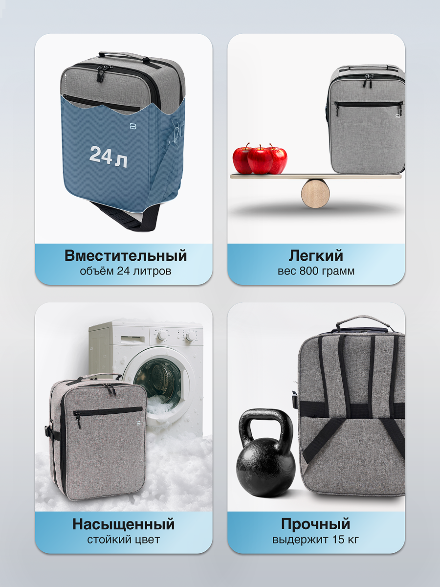 Рюкзак PobedaBags, дорожный, 40 см x 30 см x 20 см, серый, для ручной клади — фото 1