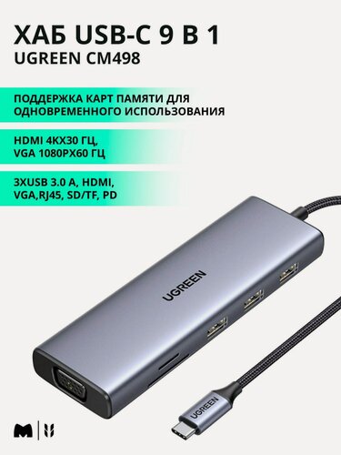 Изображение товара USB-концентратор(хаб) 9в1 Ugreen, USB-C, 3хUSB-A 3.0, TF, SD, VGA, RJ45, HDMI, PD, серый космос (15600)