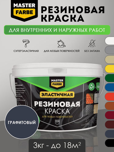 Изображение товара Краска резиновая для наружных и внутренних работ Masterfarbe краска акриловая, эластичная, графитовый - 3 кг