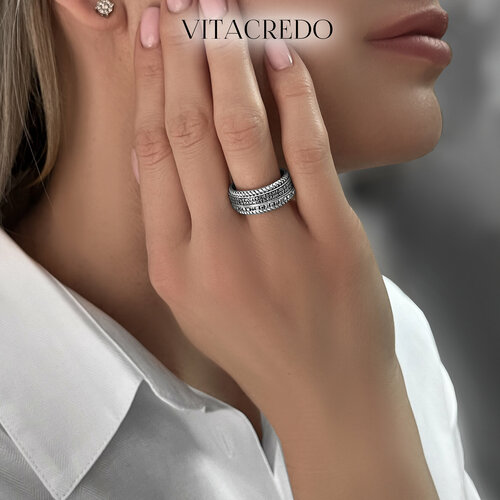 фото Кольцо механизм vitacredo, серебро, 925 проба, оксидирование, фианит, размер 16, ширина 9 мм, серебристый