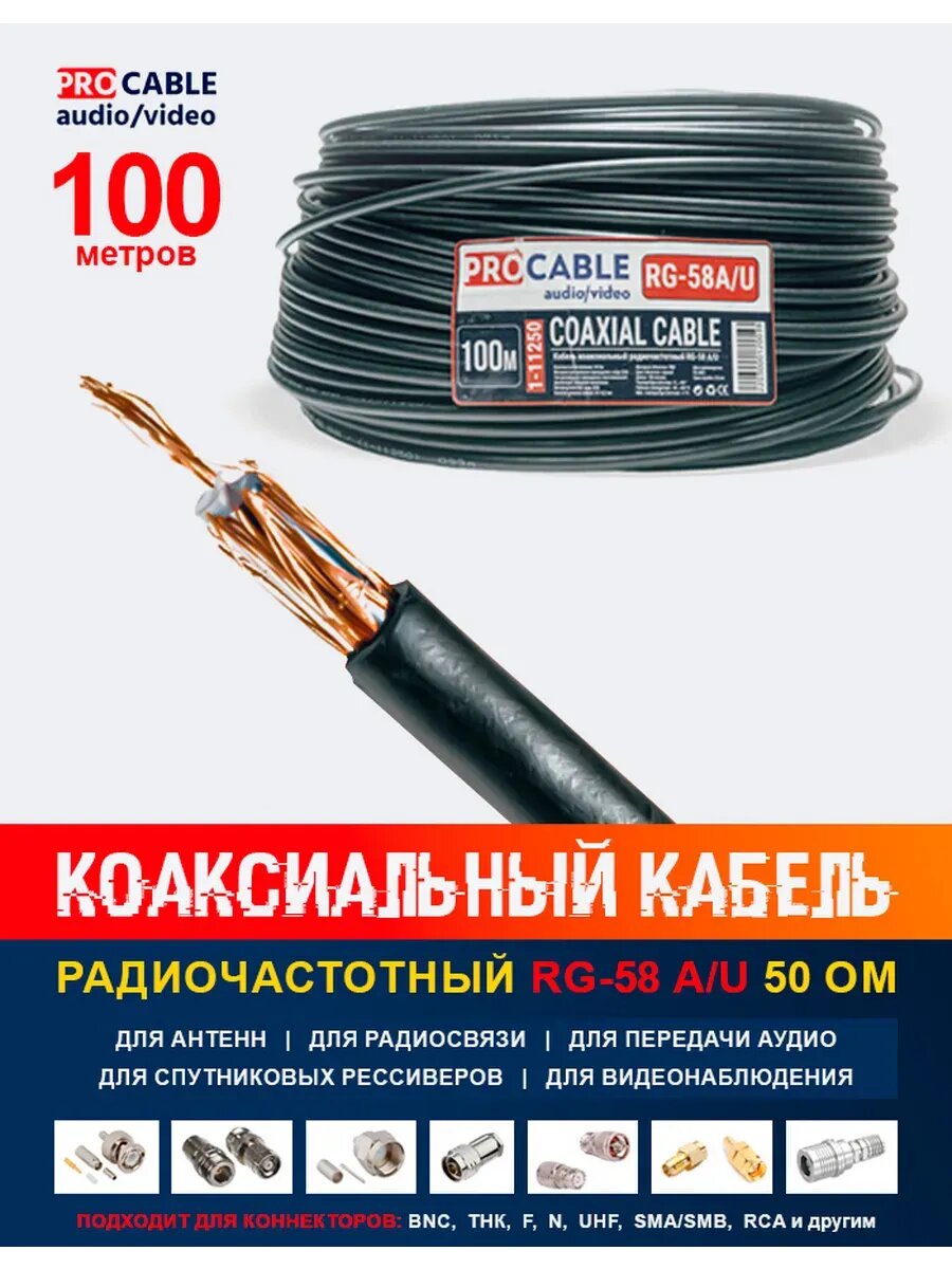 Коаксиальный кабель ProCable-AV RG-58, 1-11250, 100 м, 50 Ом, черный