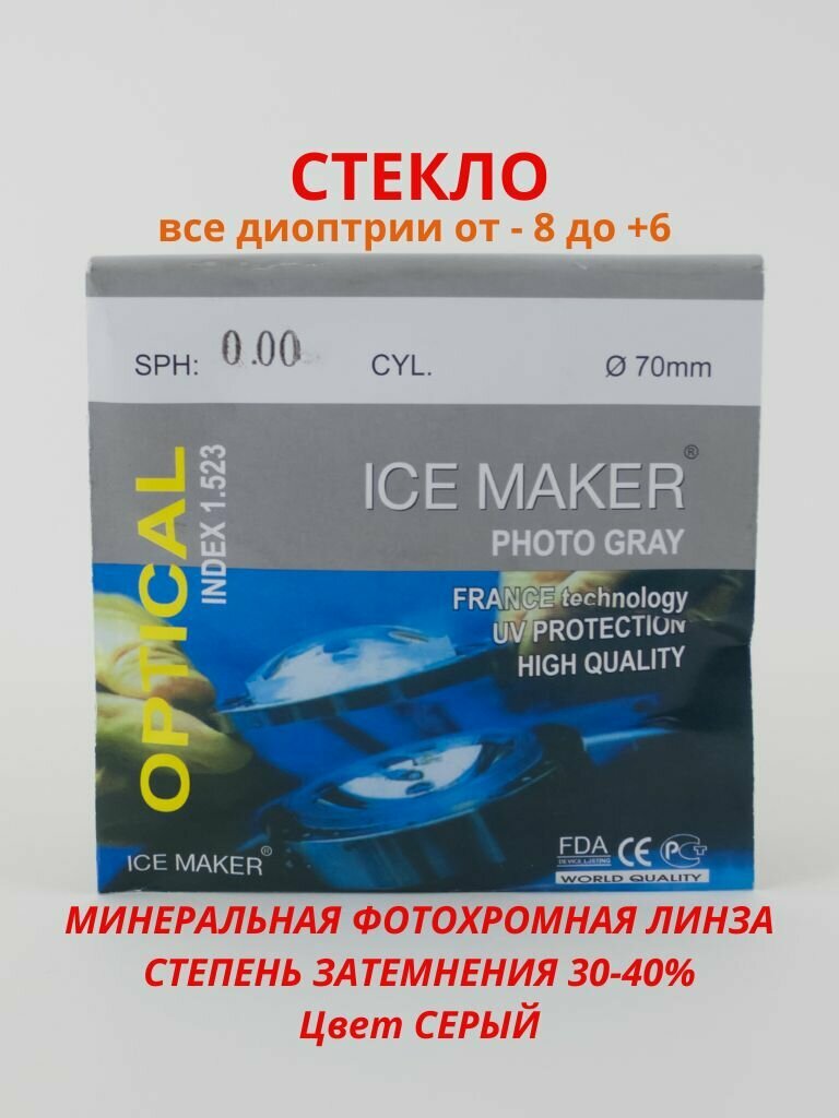 Линза для очков сфера 300 минеральная фотохромная хамелеон цвет серый Индекс 15