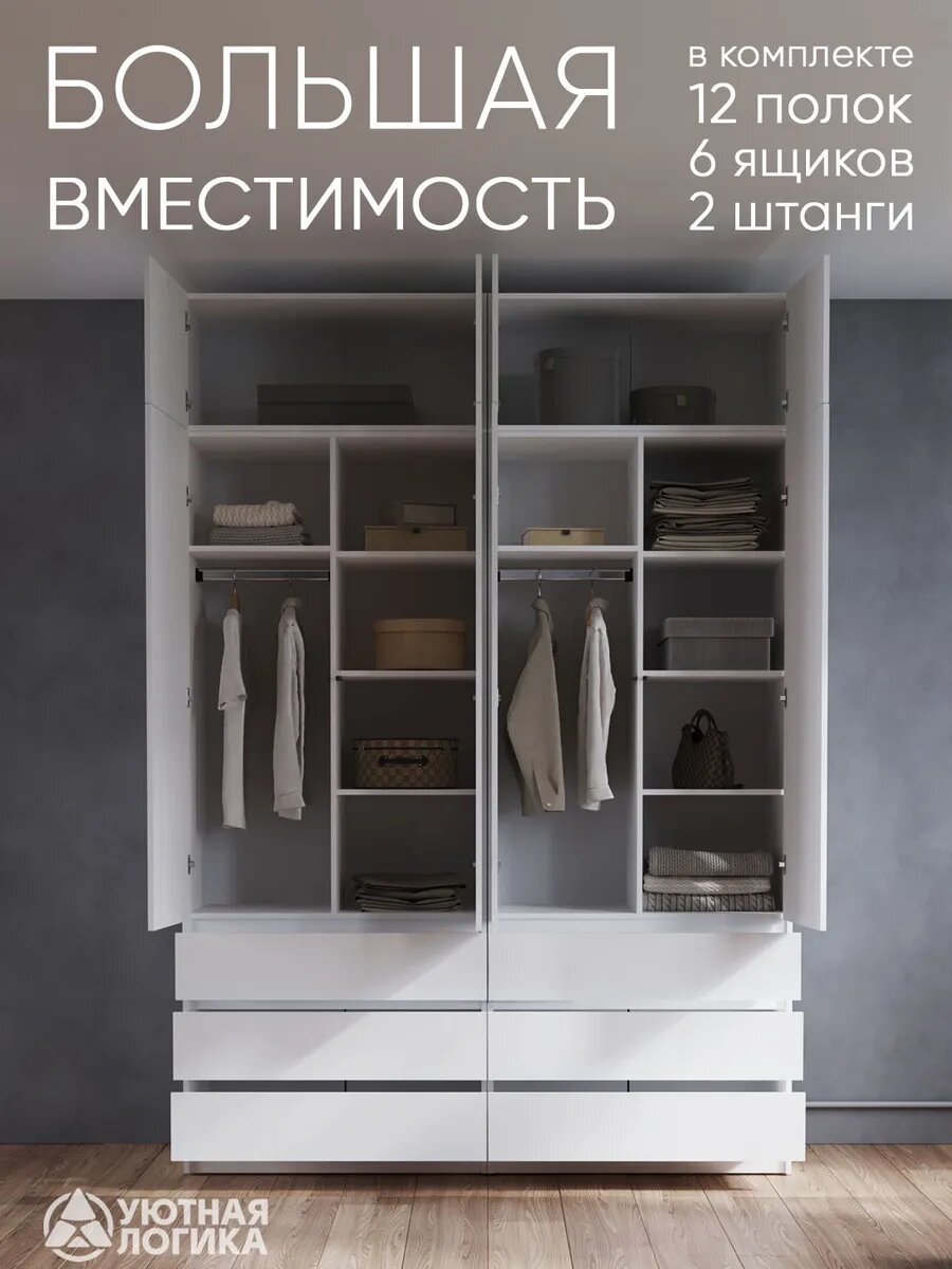 Шкаф для одежды распашной с антресолью УЮТНАЯ ЛОГИКА 180*260*50 см, Белый, с полками и штангами — фото 1
