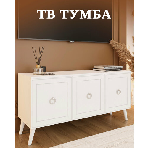 фото Тумба под телевизор напольная мк перспектива, на ножках, белая, 115x35x55 см