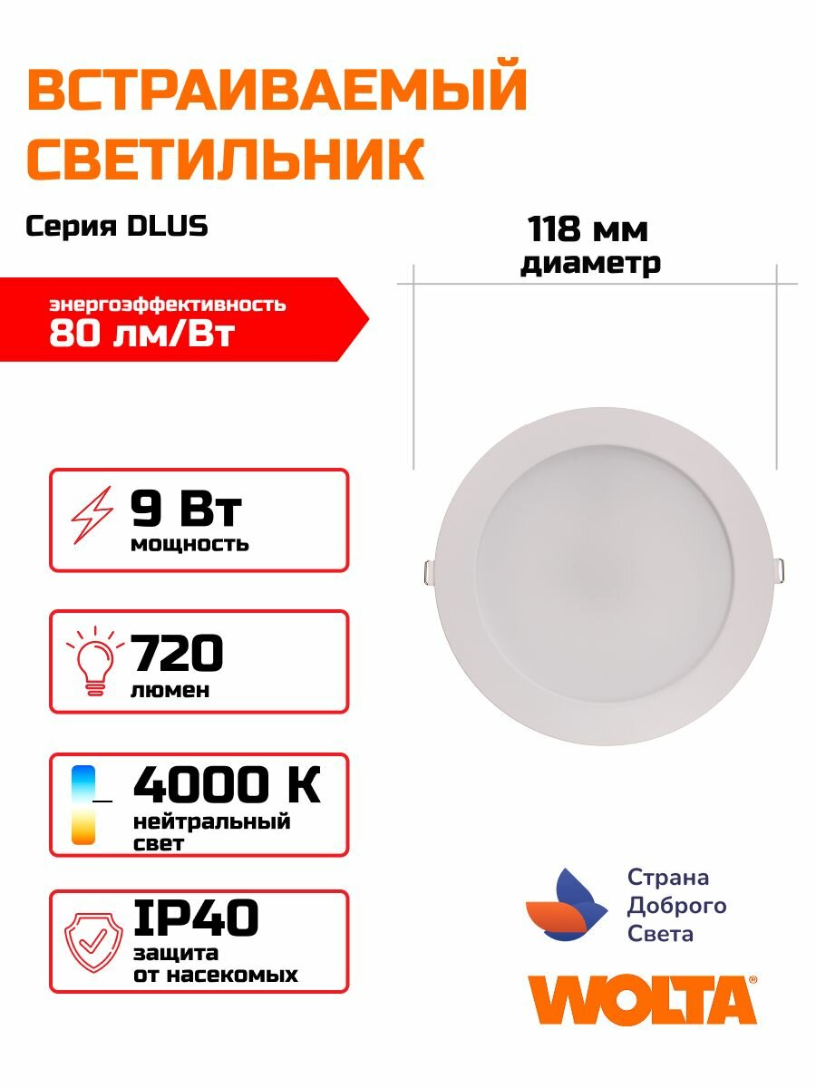 Светильник потолочный светодиодный DLUS-9W-4K круглый, 9 Вт, 4000 К, 630 Лм, 118мм, IP40, WOLTA