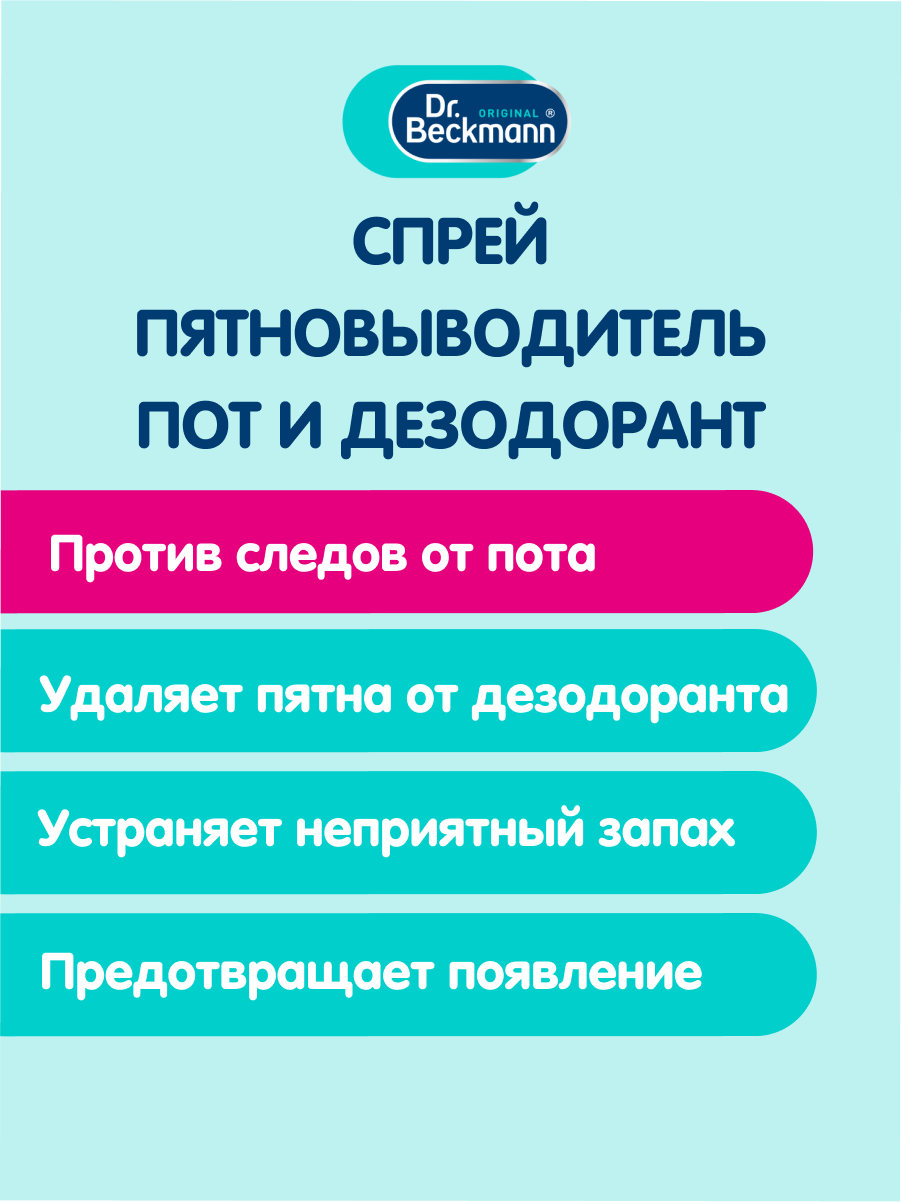 Dr. Beckmann Спрей пятновыводитель Дезодорант и пот, для всех тканей, от пятен пота и дезодоранта, 250 мл — фото 1