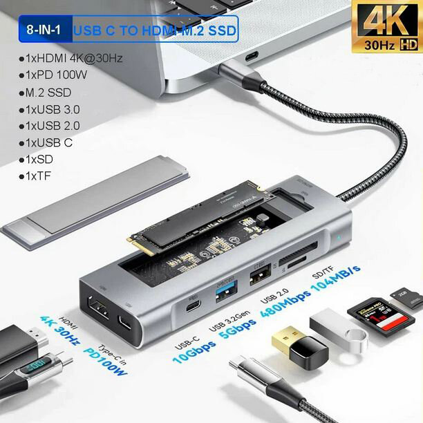 USB-C ( Type C ) концентратор 8 в 1 с поддержкой M.2 SATA + SD + TF + USB2.0 + USB3.0 + USB Type-C + PD + HDMI
