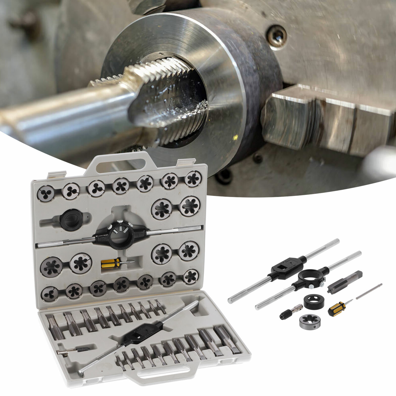 Изображение 45pcs Tap Die Set с помощью тонкой/55 ° цилиндрических инструментов труб.
