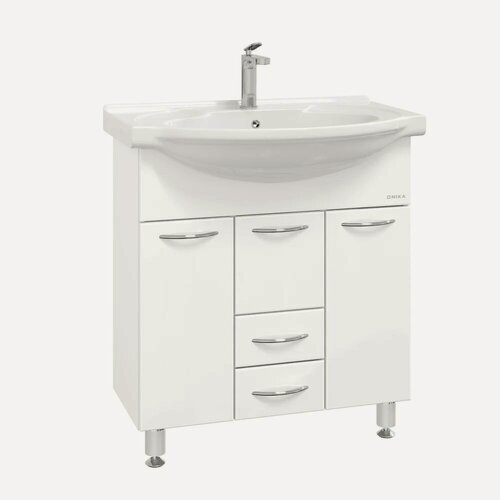 Изображение товара Тумба с раковиной Onika Моника 75.10 напольная, 76 см, белая, глянцевая, из МДФ, с ящиками, с дверками, раковина для ванной, фарфоровая, прямоугольная