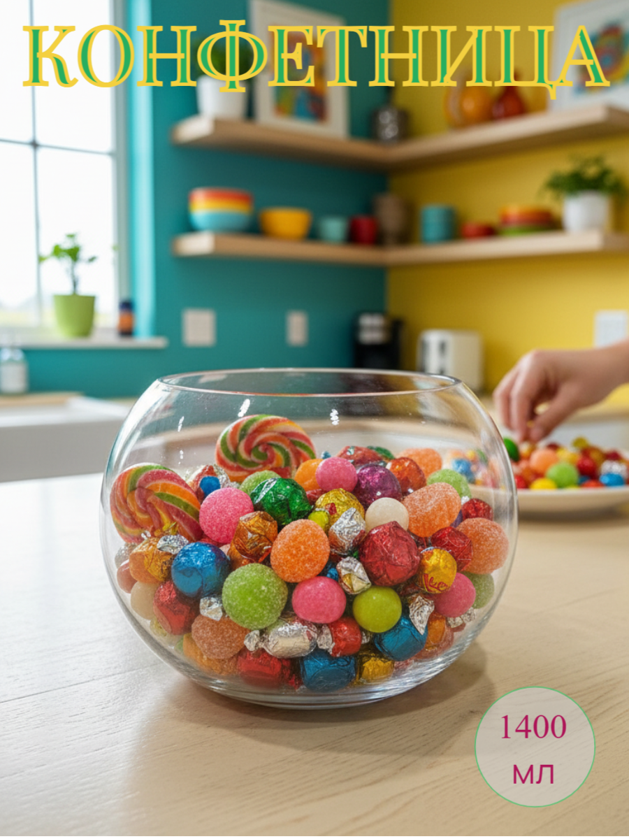 Конфетница стеклянная в форме шара объем 1400 мл, ваза для орехов, флорариум