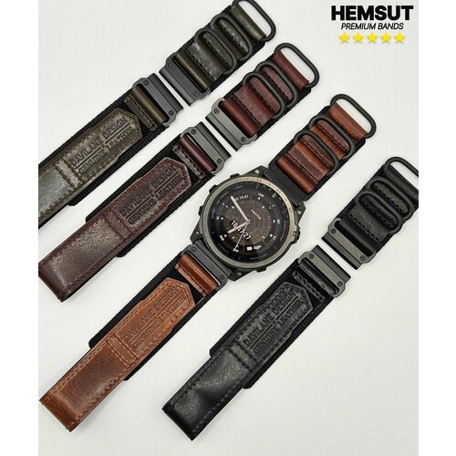 Ремешок для Garmin/кожаный ремешок Quickfit 26 мм Premium HEMSUT на липучке для часов Garmin с металлическими кольцами (цвет чёрный)