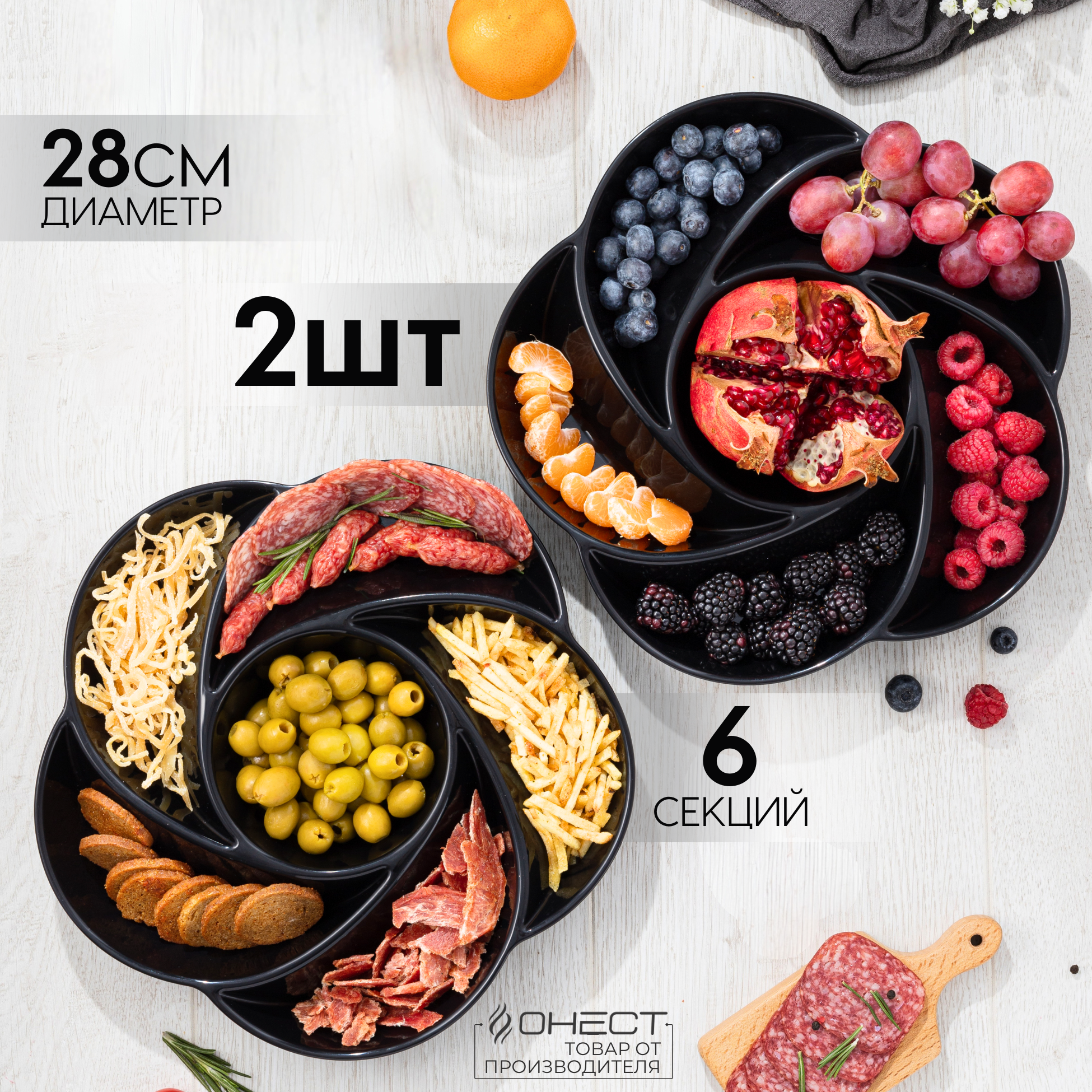 Менажница "ОНЕСТ", пластик, круглая, черная, 6 секций, 2 шт, 28см