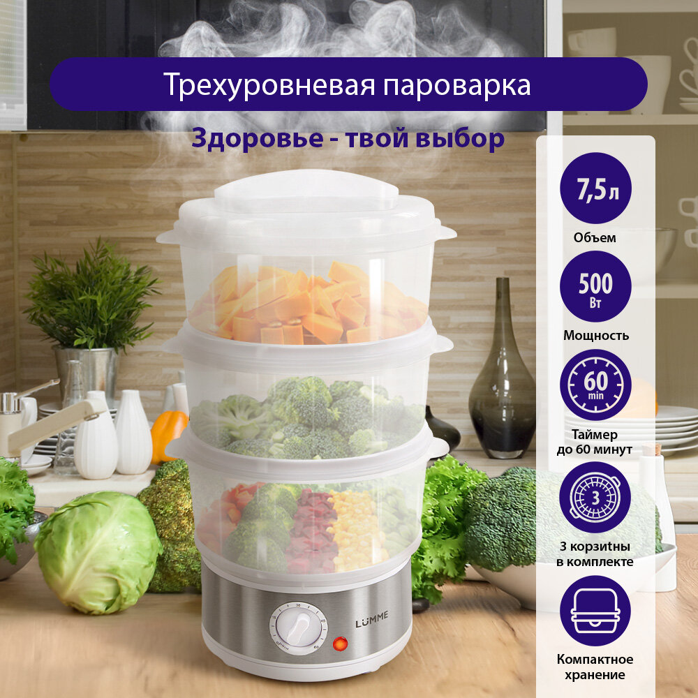 Пароварка мантоварка LUMME LU-FS1408A белый жемчуг