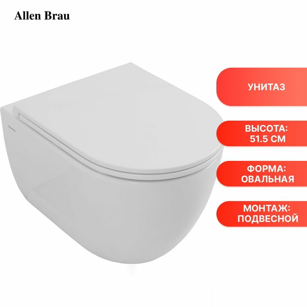 Чаша подвесного унитаза Allen Brau Priority Tornado 4.31008.20 белый глянец (чаша) фарфор овальный