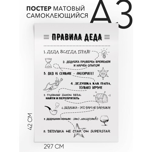фото Плакат интерьерный на стену, подарок дедушке - правила деда, самоклеящийся, 30х40, а3