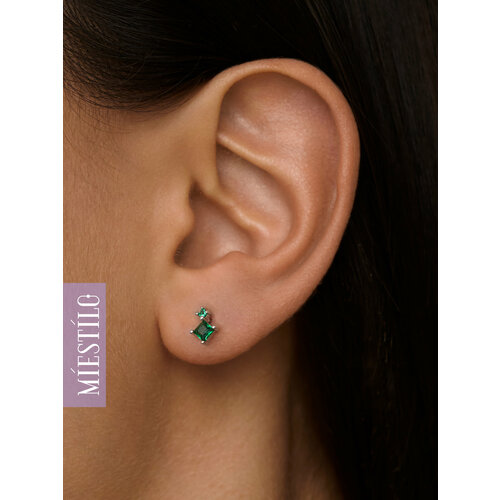фото Серьги пусеты miestilo, серебро, 925 проба, родирование, фианит, длина 0.5 см, , зеленый, серебристый