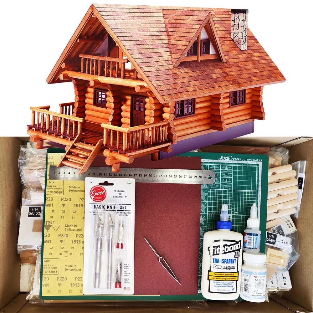 Сборная модель от Woody Joe, Бревенчатый дом, 660х375х325 мм, М.1:24, подарочный набор с инструментами, лаком и клеями
