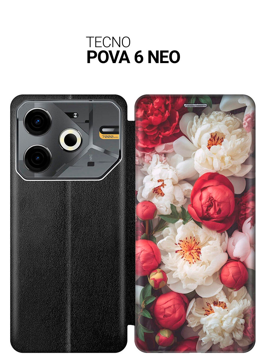 Чехол-книжка на Tecno Pova 6 Neo с принтом "Красно-белые пионы" черный