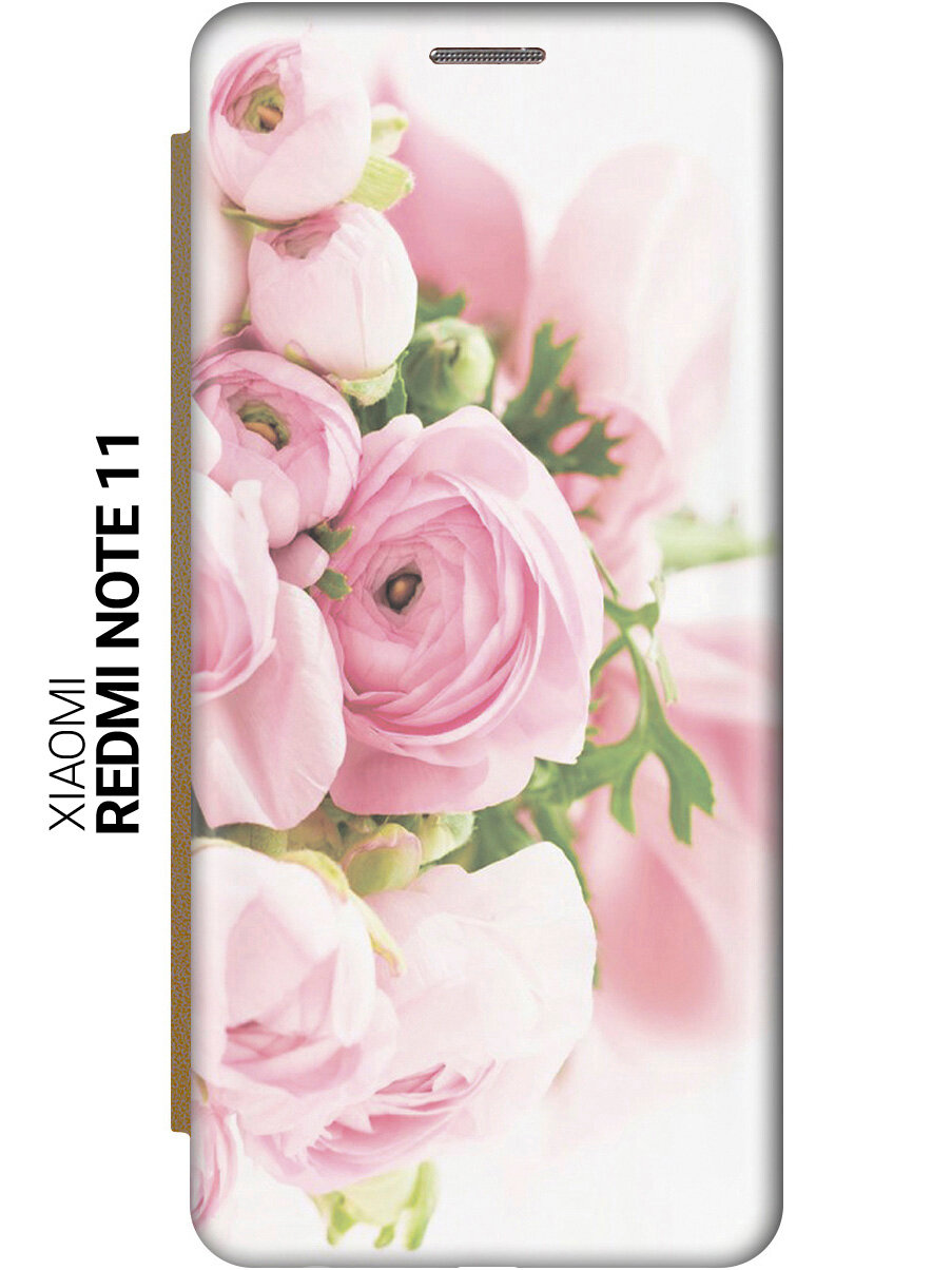 Чехол-книжка на Xiaomi Redmi Note 11, Note 11S, Сяоми Редми Ноут 11, Ноут 11С с 3D принтом "Розовые розы" золотой
