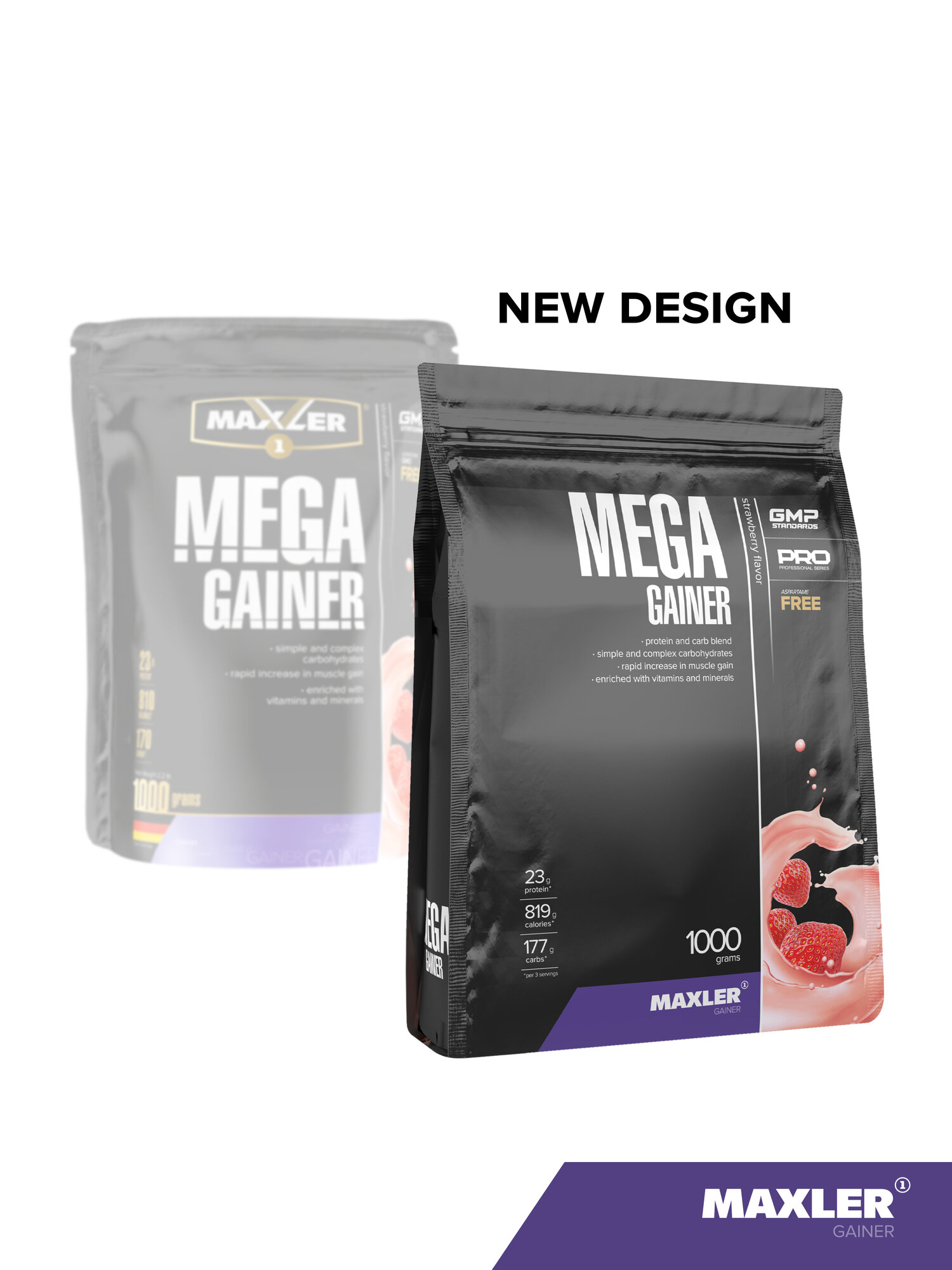 Гейнер для набора мышечной массы Maxler Mega Gainer, порошок, 1000 г - Клубника — фото 1