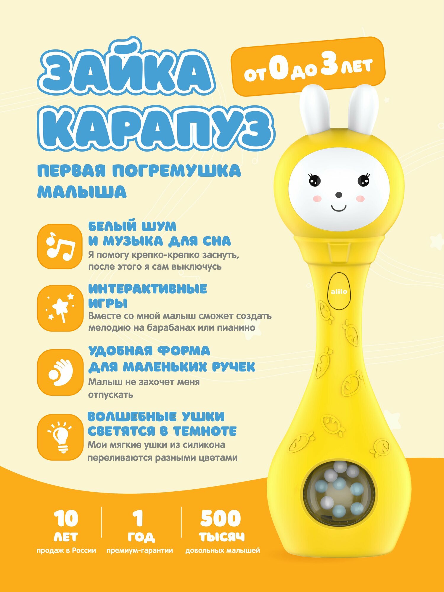 Музыкальная погремушка игрушка Зайка-Карапуз alilo для новорождённых 0+, белый шум