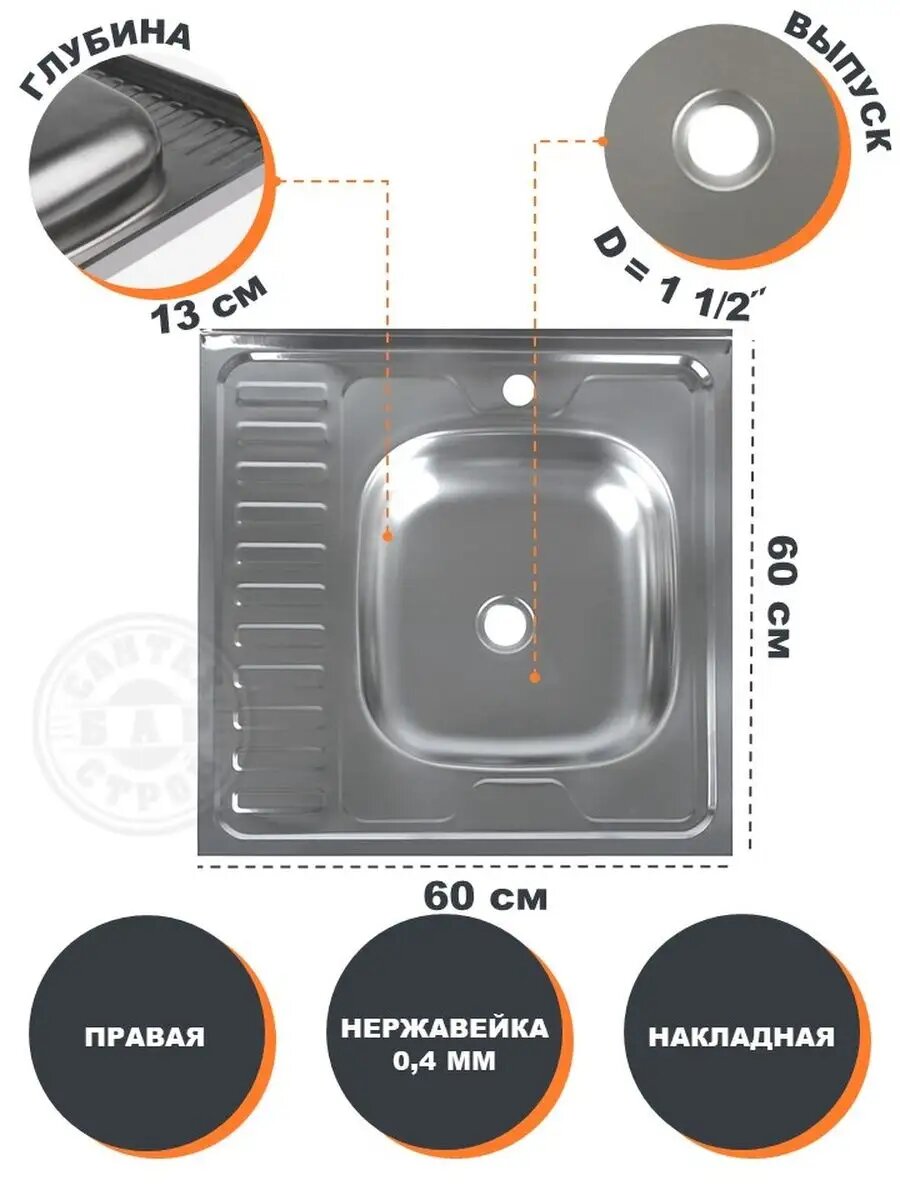 Мойка накладная 60х60 (04 мм) правая