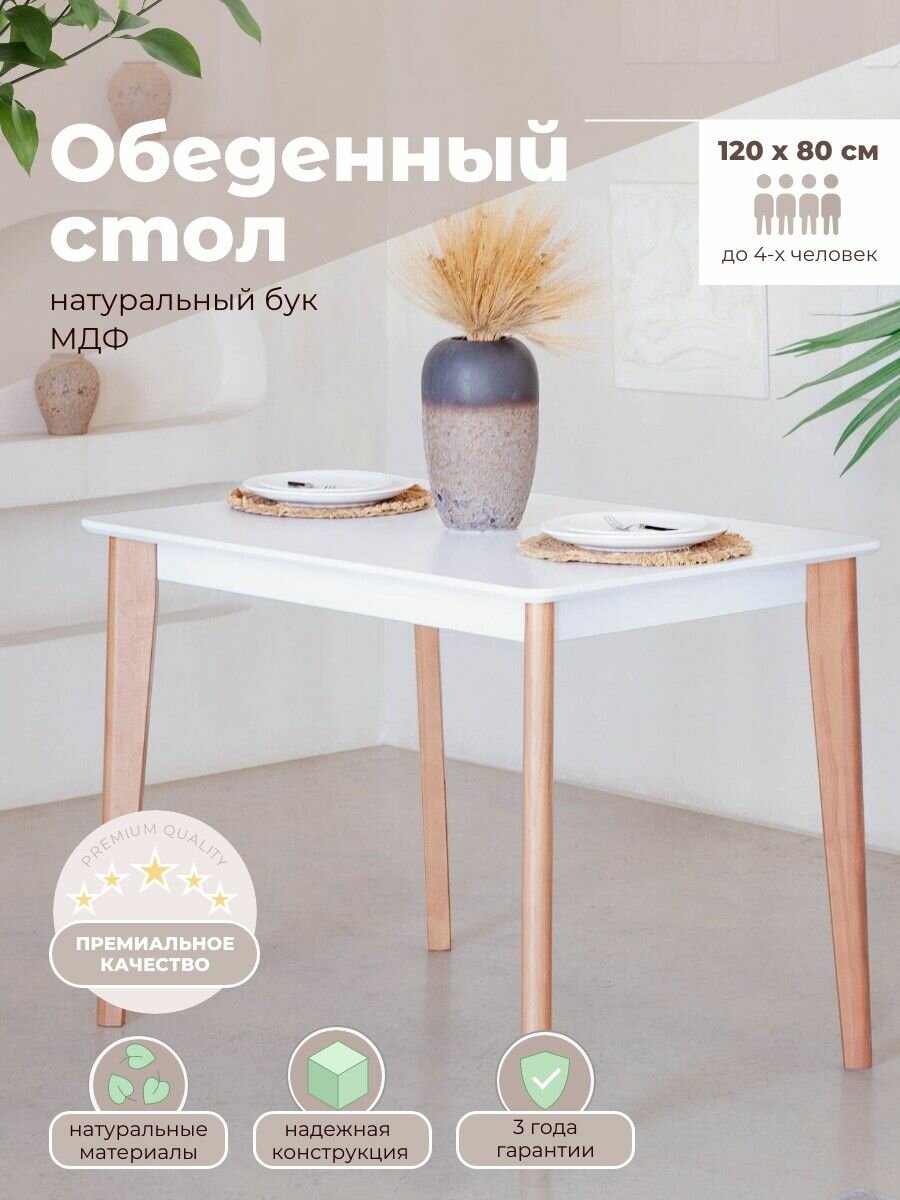 Обеденный стол для кухни LYKKE TS-120 белый/бук 120х80х75 см прямой не раскладной