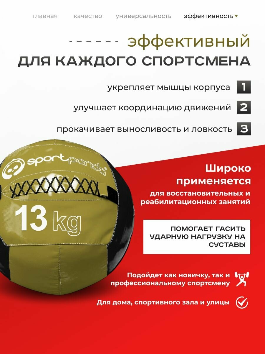 Медбол SportPanda, ПВХ, диаметр 38 см, 13 кг, армированные швы — фото 1