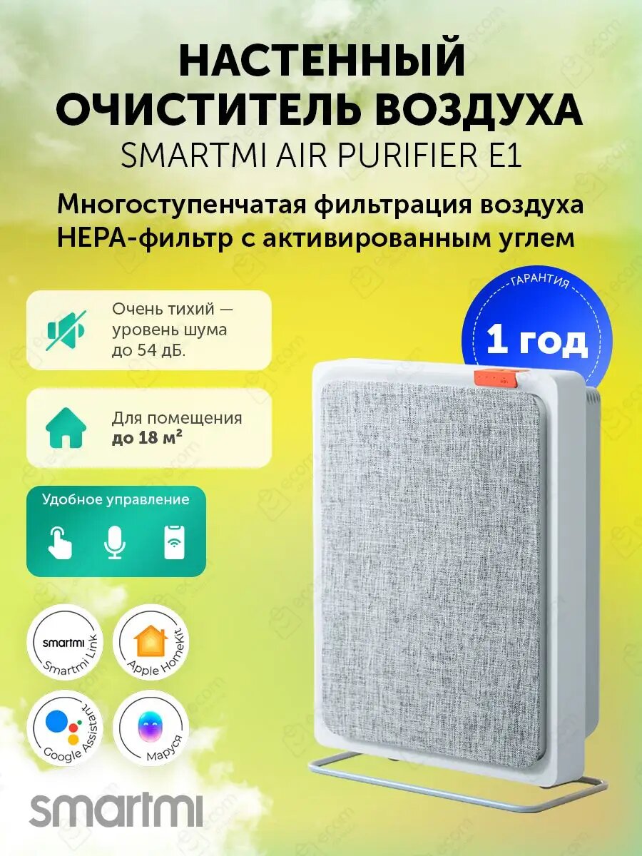 Очиститель воздуха Smartmi Air Purifier E1 для дома от пыли и запахов, напольный и настенный, с фильтром, закрытый, портативный для помещений