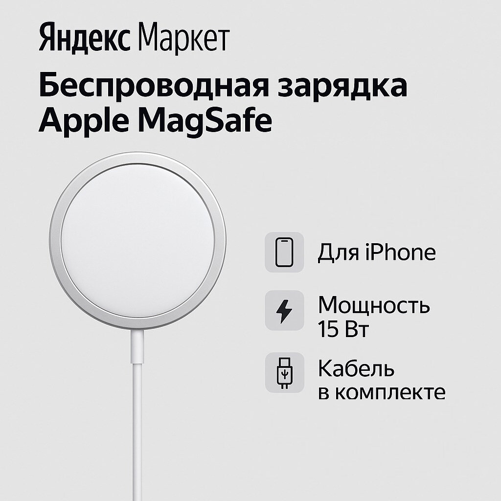 Беспроводное зарядное устройство для iphone MagSafe , USB type-C, 15Вт, 2A, белый/серебристый, зарядка для айфона