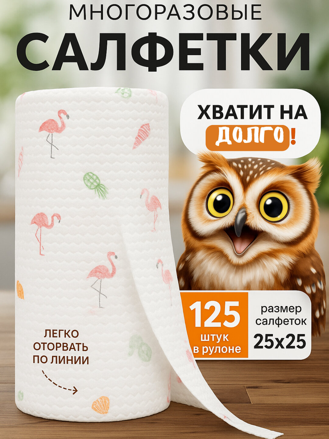 Салфетки кухонные "Универсальные", 125шт, в рулоне, длина 25см, белые