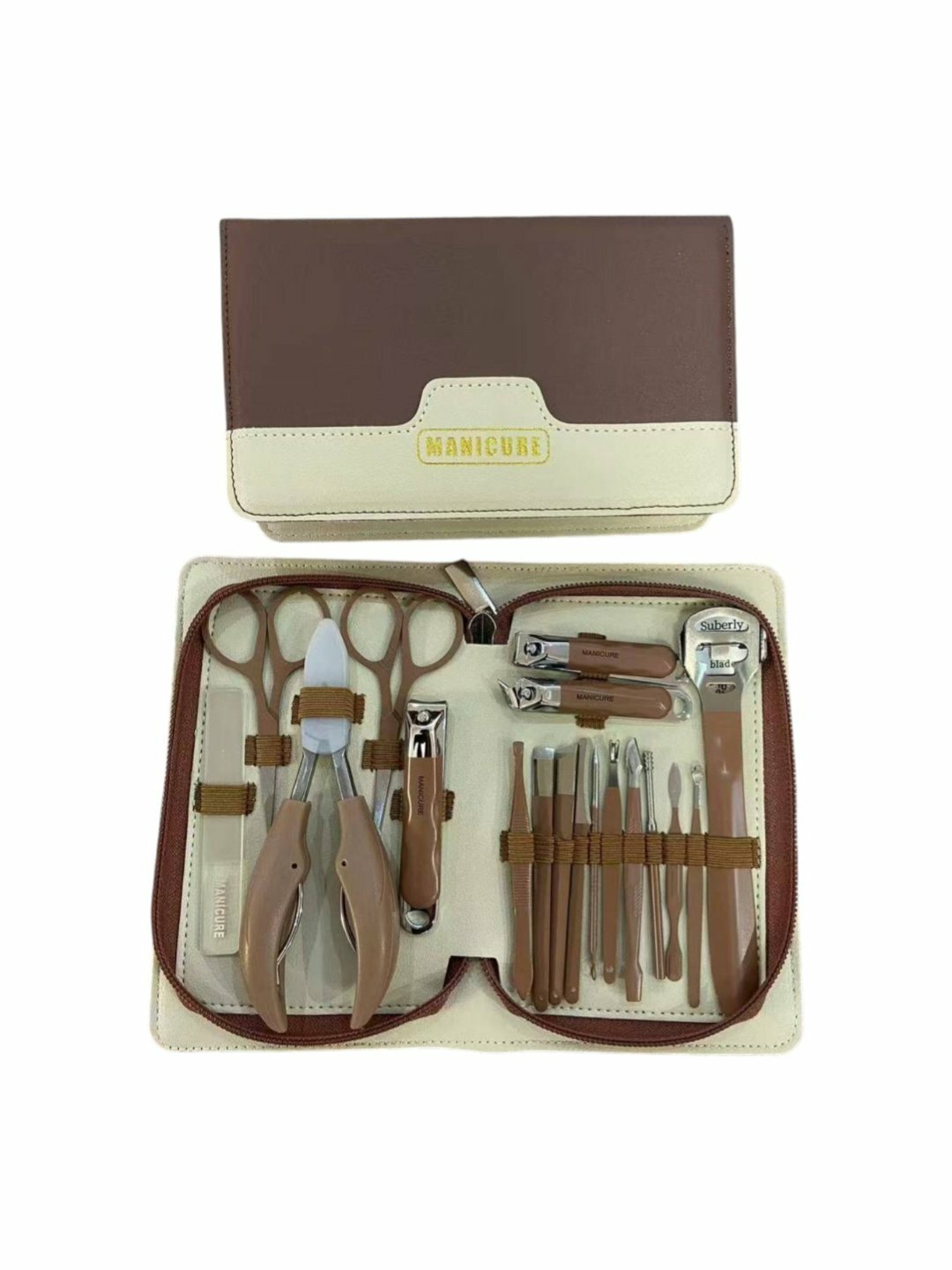Профессиональный набор для маникюра и педикюра — 19 предметов для ухода за ногтями бежевый