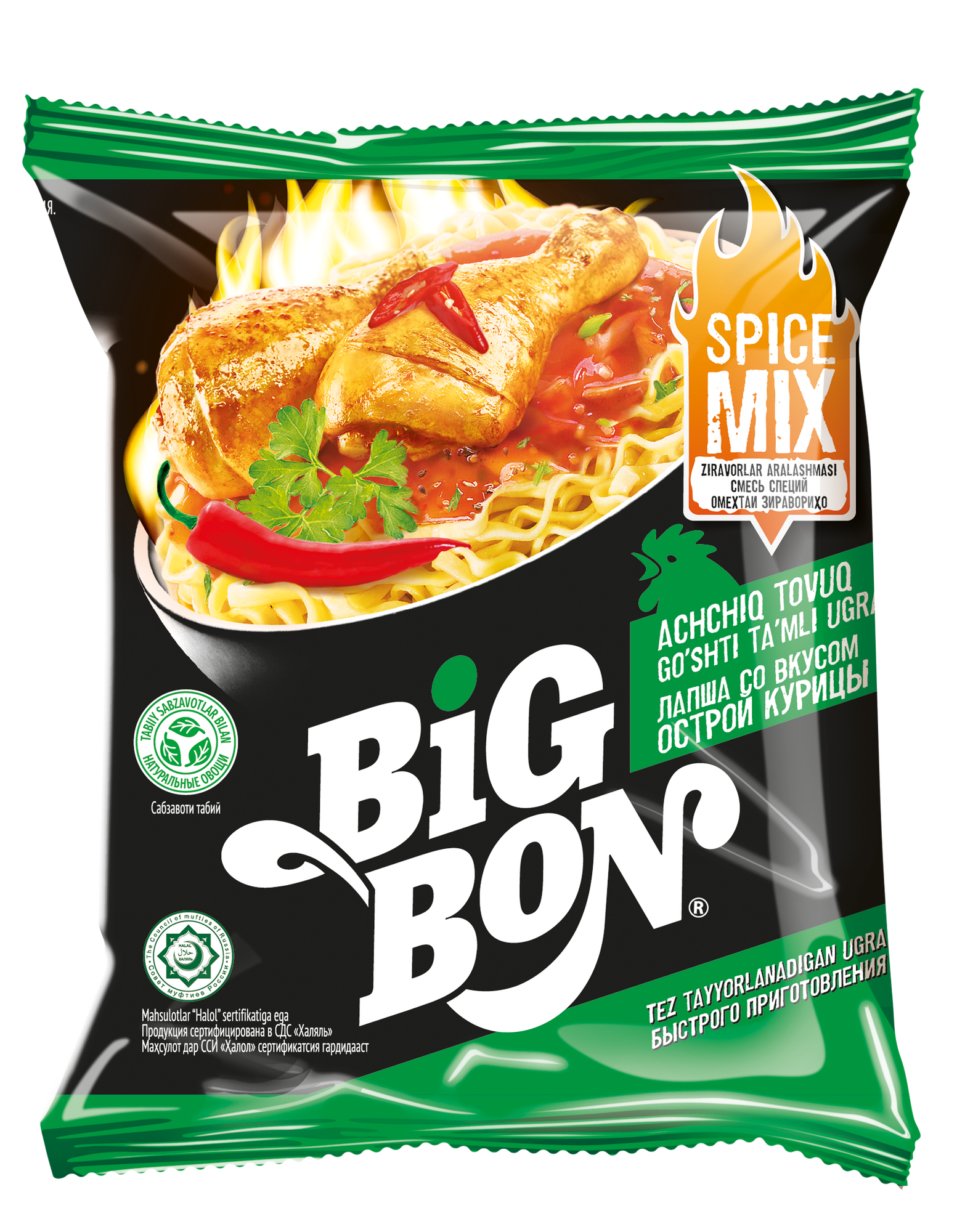 Лапша Big Bon "Острая курица", с соусом, быстрое приготовление, 75 гр