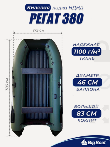 Изображение товара Надувная, под мотор, килевая лодка из ПВХ для рыбалки Regat (Регат) 380 НДНД