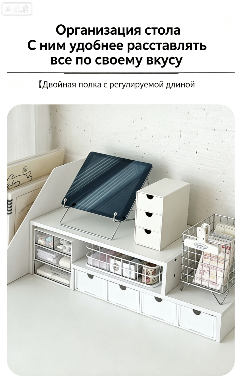 Настольная подставка‑подставка для увеличения высоты, двухъярусная подставка с четырьмя выдвижными ящиками и трёхъярусной коробкой для хранения с четырьмя отделениями, белого цвета, размеры: 18,5 X18,5 × 17 см.