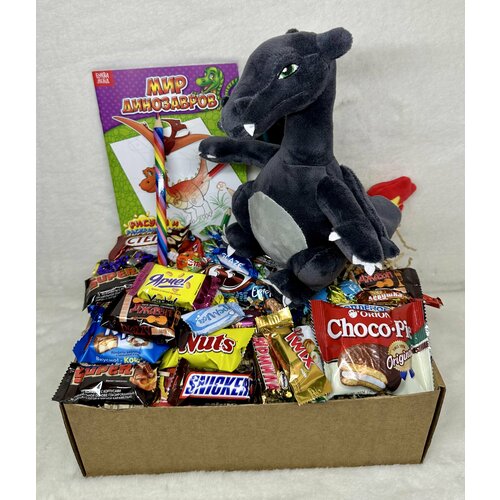 Детский подарочный набор, сюрприз бокс, для мальчика, для девочки, мягкая игрушка Дракон Чаризард 30 см, раскраска, карандаш, конфеты