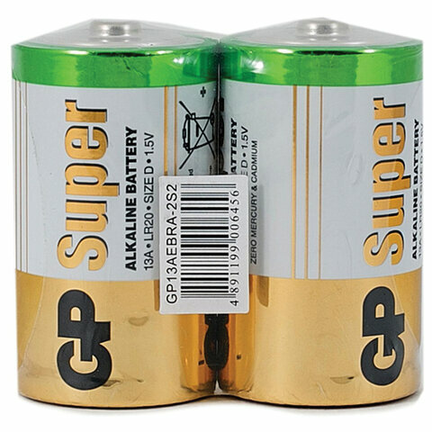 Батарейки GP Super, D (LR20, 13А), алкалиновые, комплект 2 шт, в пленке, 13A-OS2