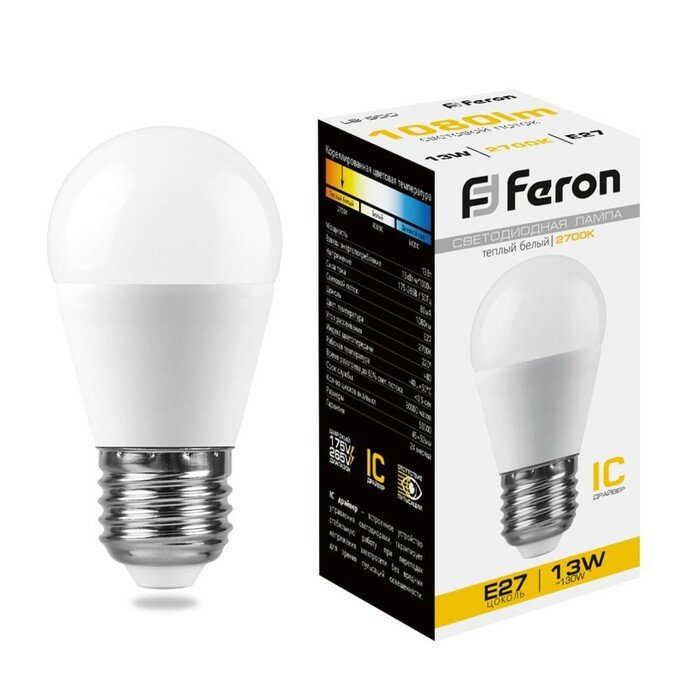 FERON Лампа светодиодная, (13W) 230V E27 2700K G45, LB-950