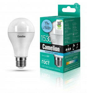 Светодиодная LED лампа Camelion ЛОН A65 E27 17W(1530lm 270°) 4500K 4K матовая 130x65 пластик LED17-A65/845/E27 (упаковка 10 штук)