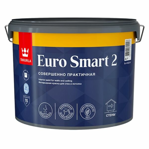 Краска TIKKURILA EURO SMART 2 интерьерная для стен и потолка, База А белый 9л