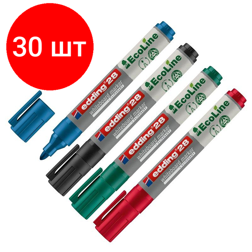Комплект 30 наб, Набор маркеров для белых досок EDDING 28 Ecoline, 1.5-3 мм, 4 цв. карт кор