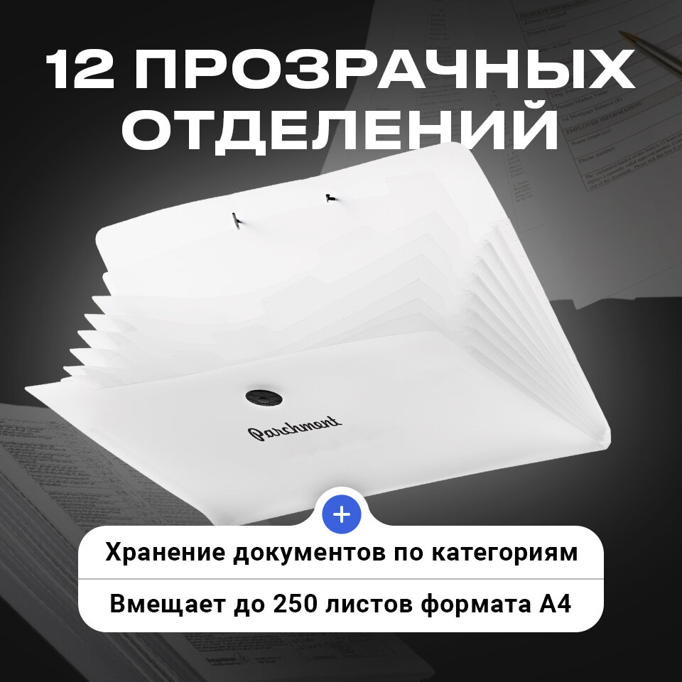 Папка для документов а4 на резинке, Parchment, Папка конверт для бумаг с файлами, 12 отделений