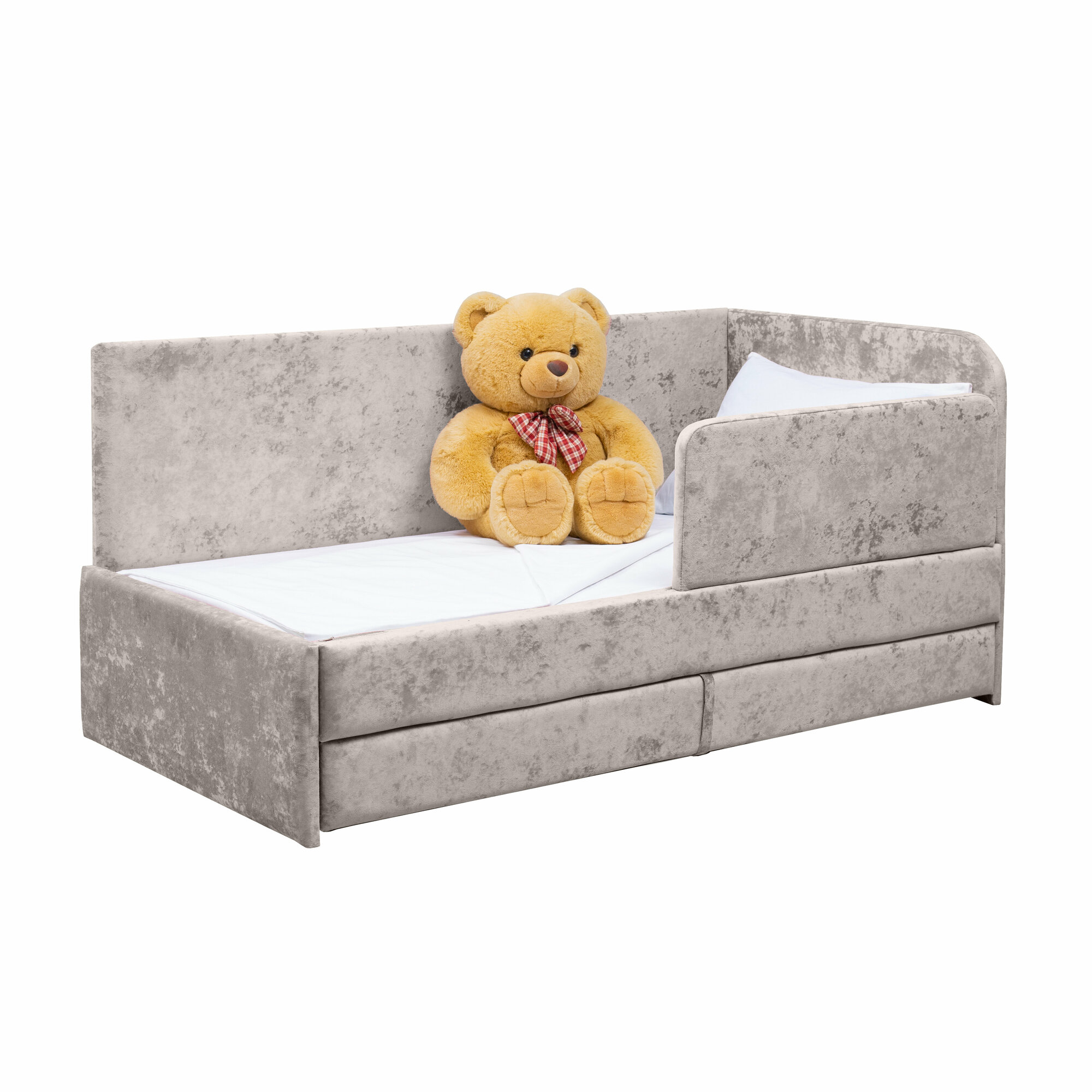 фото Кровать-диван Непоседа 200*90 см бежевая угловая 2-а спальных места, правый угол сборки с защитным бортиком