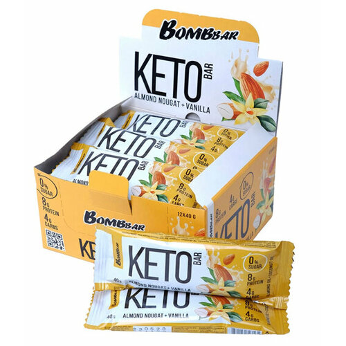 Bombbar, Батончик Keto Bar, 20шт по 40г (Миндальная нуга и ваниль) bombbar батончик keto bar упаковка 12шт x 40г миндальная нуга и ваниль