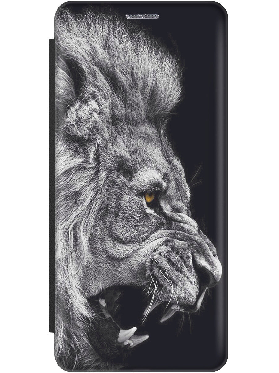Чехол-книжка на Xiaomi Redmi Note 8 Pro, Сяоми Редми Ноут 8 Про с 3D принтом "Морда льва" черный